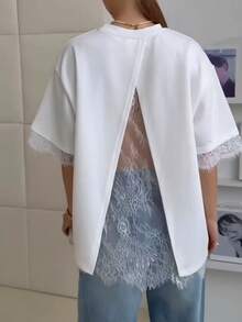 女士休闲宽松蕾丝拼接露背圆领短袖T恤，纯色针织面料，蕾丝拼接开衩，复古风，适合日常、约会、夏季街头穿着，白色 - 白色 - 查看 8
