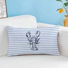 1pc Blue & White Striped Lobster Sketch Pattern Cushion Cover, Soft Peach Velvet Material, 30*50/40*60CM Single-Sided Printed Decorative Pillow Case, Suitable For Home Bedroom Living Room Sofa, Holiday Decor, Pillow Cover Gift (No Pillow Insert) - Multicolor - View 1