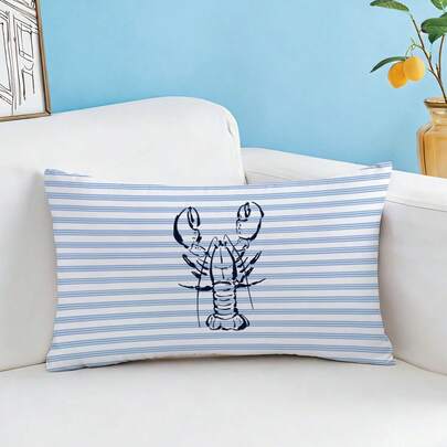 1 Vỏ gối trang trí họa tiết hình tôm hùm sọc xanh trắng, chất liệu nhung mềm mại màu đào, kích thước 30*50/40*60CM, in một mặt, thích hợp cho phòng ngủ, phòng khách, ghế sofa, trang trí ngày lễ, quà tặng (Không kèm ruột gối)
