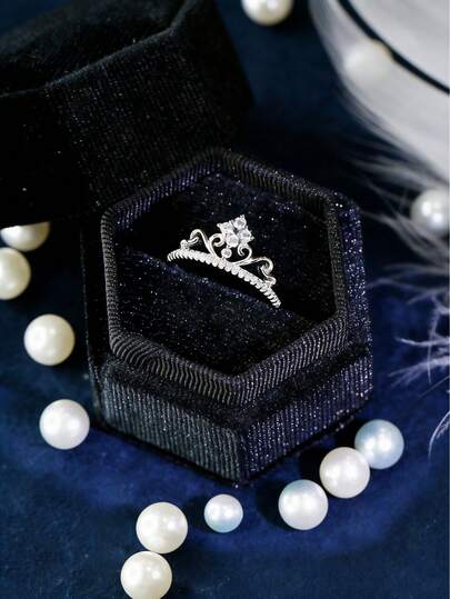 925 Sterling Silver Cubic Zirconia Paved 1pc Luxury, Glamorous, Elegant, Noble & Fashionable Crown Design Ring For Women Perfect Decoration For Daily Life, Weddings, Engagement, Parties, Birthdays, Travels And Dates