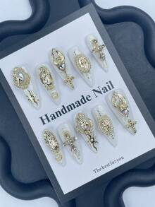 10pcs/Set Summer White Cute Long Stiletto Acrylic Nail Art Stickers Set, With Pearl & 3D Metal Decor, Punk Goth Style, Rhinestone Glitter, Full Cover Handmade Y2K False Nails, Matte Bronze Line Art Nail Kit, Halloween Essentials For Women & Girls Handmade Press On Nails - White - View 3