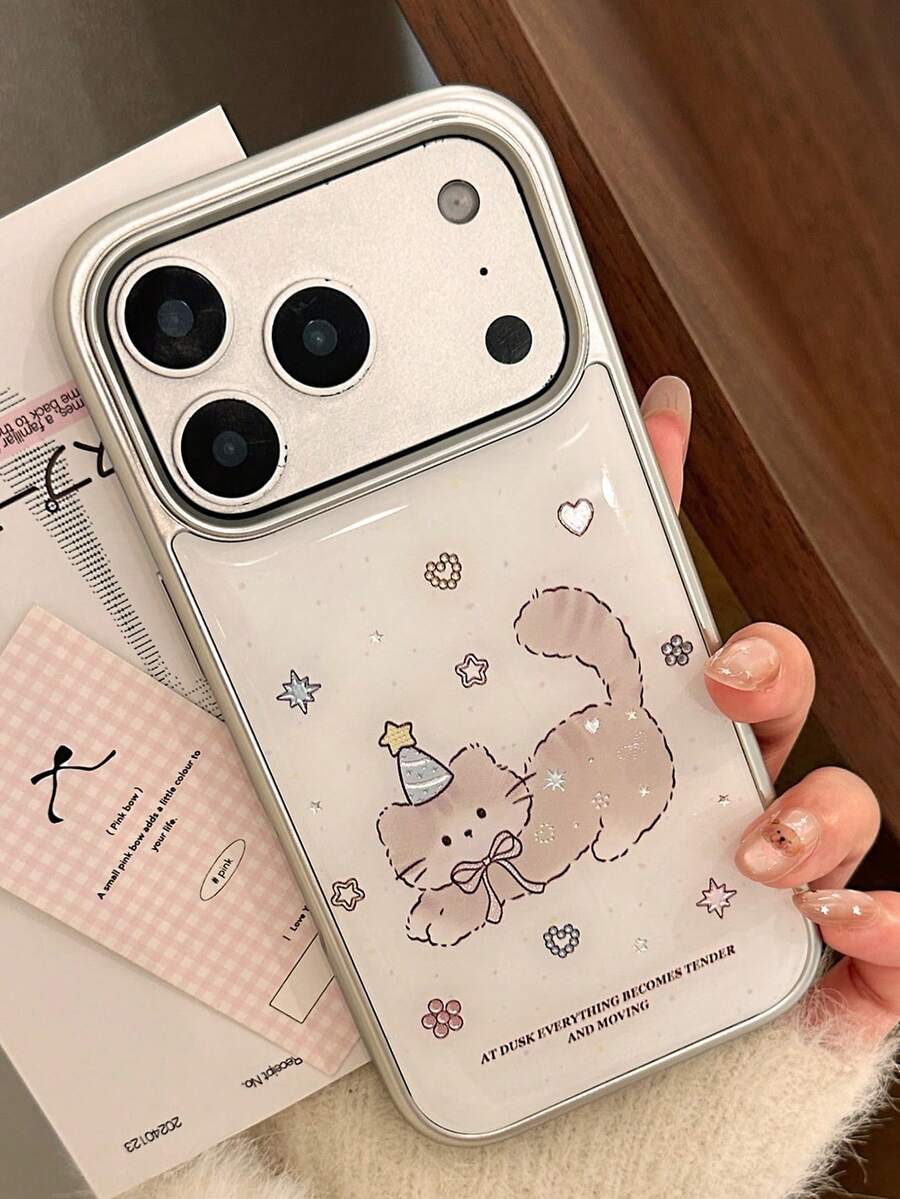 Cute Cat Graffiti Phone Case Compatible With IPhone 17 Pro Max, Electroplated Gold 15/16 - Grey - View 1
