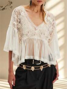 Women Y2K See Through Peplum Shirt ‌Poncho‌ Crochet Floral Embroidery Ruffle Tops Short Sleeve V Neck Babydoll Blouse Summer Vacation Beachwear Streetwear - trắng - Xem 3