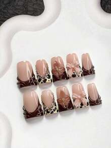 10pcs Champagne Rhinestone Nail Art Set. Includes Water Drop French Press-On Nails, Elegant Brown Flower Decals, Bow Nail Jewelry, Leopard Print Gel Nail Stickers, With Nail Tools (1 Jelly Sticker + 1 Nail File). Available In 3 Shapes: Almond, Duck Mouth, Coffin. Suitable For Autumn/Winter, Gatherings, Daily Wear, Parties Nail Supplies Handmade Press On Nails - 多色 2 - 查看 11