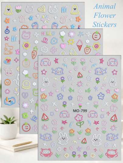 3/6张 5D 可爱卡通贴纸 彩色动物花朵 DIY 手账计划本剪贴簿装饰贴纸 适用于笔记本和学习用品