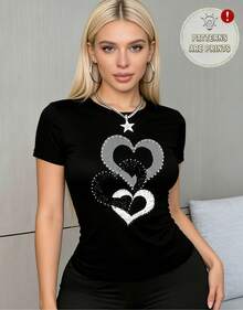 Women's Casual Style T-Shirt Y2K Hearts Printed In Gold, Silver And Black Blue Cotton Loose Fit Round Neck Short Sleeve Everyday T-Shirt Spring Summer - 黑色 - 查看 7