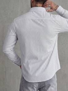 男士黑白条纹衬衫，简约竖条纹纽扣衬衫，时尚现代商务休闲长袖衬衫，修身剪裁，柔软透气夏季办公衬衫 - 彩色 - 查看 3