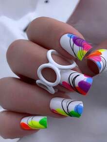 24 piezas Pegatinas de uñas con patrón de color de contraste abstracto; Pegatinas de uñas artificiales multicolor de alta saturación Estilo Y2K Uñas cuadradas para primavera - Multicolor - Ver 8