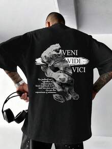 1 Piece,-Loose-Fitting Shirt % Cotton,-Casual Printed Shirt,-Short-Sleeved Cotton Shirt With Abstract Sculpture Portrait Print For Men, For The Evening. - Black - View 4