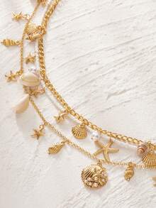 Bộ dây đeo bụng nhiều lớp hình vỏ sò và sao biển vàng dành cho nữ - 2/3 chiếc dây đeo eo đính hạt nhỏ nhắn với mặt dây chuyền hình vỏ sò và ngọc trai, trang sức cơ thể phong cách Boho bãi biển. - Nhiều màu - Xem 4