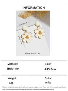 OOQ 1 Pair Summer Boho Style Handmade Woven Rattan Colorful Floral Earrings, Niche Design Minimalist Elegant Floral Tassel Earrings Suitable For Women's Daily, Vacation, Party Wear (Handwoven Texture Pattern Random) - White - View 6