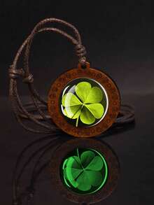 1 mặt dây chuyền hình cỏ bốn lá phát sáng trong bóng tối, màu xanh lá cây, làm bằng thủy tinh hoặc gỗ, kèm dây chuyền dạng dây thừng. - màu nâu - Xem 5