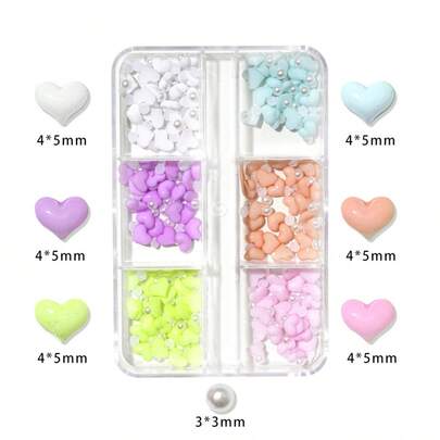 1 Hộp 6 ngăn đựng đồ trang trí móng tay hình trái tim, trang sức móng tay hình trái tim đính đá nhựa nhiều màu sắc, ngọc trai nửa viên, đá trang trí móng, pha lê trang trí móng, phụ kiện móng tay hình trái tim, trang sức móng, dụng cụ làm móng, đồ trang trí móng.