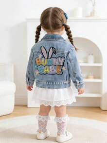 Áo khoác denim dài tay màu xanh dương thêu chữ cái tiếng Anh dễ thương dành cho trẻ sơ sinh/trẻ mới biết đi Unisex mới về - Màu xanh lam - Xem 4