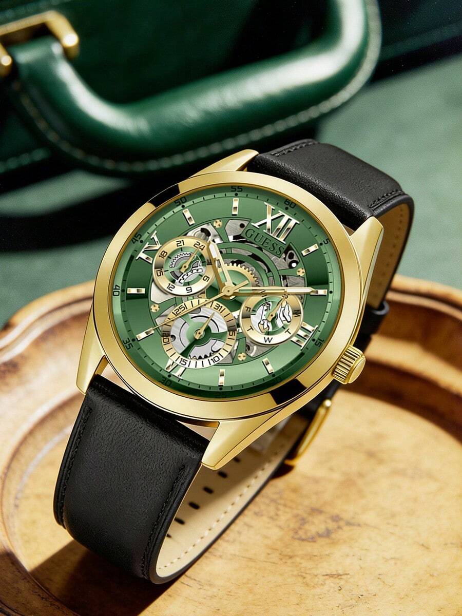 Guess Đồng hồ nam, đồng hồ thạch anh nam, có dây đeo bằng da, vỏ bằng thép không gỉ. - màu xanh lá - Xem 1
