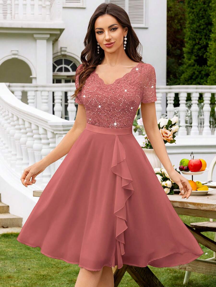MIUSOL V-Neck Sequin Floral Lace Ruffle Trim Chiffon Prom Party Swing Dress,Elegant Party Dress For Women Summer