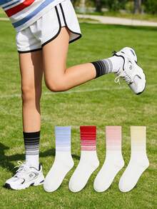 1/3/5 Pairs Random Color Women Gradient Striped Mid-Calf Socks, Ribbed Seamless Cuff Non-Slip Sports Socks - Multicolor - View 3
