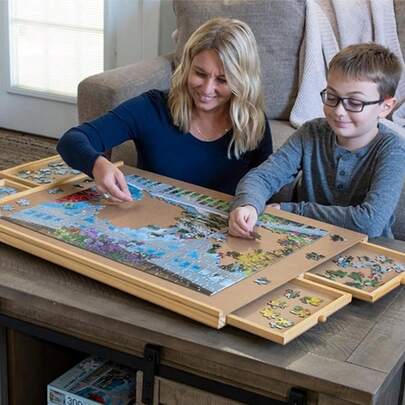 1000PCS Wooden Jigsaw-Puzzle Board Portable Puzzle Storage Table W 4 Slid Drawer