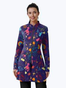 cimmuovere Women's Printed Zip-Up Scrub Jacket With Pockets, Workwear For Nurse, Dentist, Healthcare, Pet Hospital, Laboratory Vacation Spring - Navy Blue - View 4