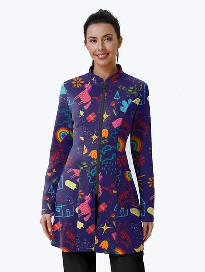 cimmuovere Women's Printed Zip-Up Scrub Jacket With Pockets, Workwear For Nurse, Dentist, Healthcare, Pet Hospital, Laboratory Vacation Spring