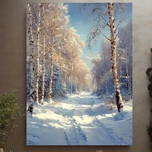 Cuadro 2D plano, 2D plano, 2D plano de 1 pieza de arte de pared en lienzo 2D con árboles de abedul nevados de invierno, que mide 30.48X40.64 cm, perfecto para la decoración del hogar en un estilo natural, titulado 'Trail in The Woods-3G5182G0120' - Sin marco - Ver 2