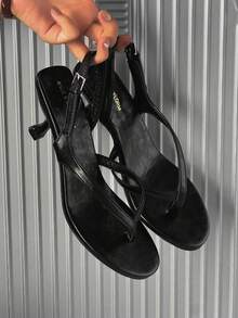 French Style High Heel Sandals For Women, New Summer Leather Peep Toe Thin Heel Sandals, Ankle Strap Kitten Heel Flip Flops - Black - View 7