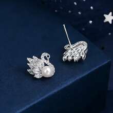 人造养殖淡水珍珠鹅形耳钉，简约锆石镶嵌镀金可爱耳环，女士款 - 白色 - 查看 6