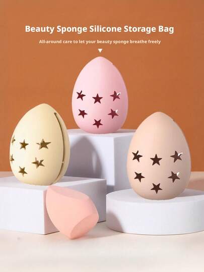 Hållare för sminksvamp, dubbelsidigt ventilerat silikonskydd med 5 fack för sminkblandare, hållare för sminkborstar, låda för sminksvamp, resesminkväska och ställ för skönhetsmixer, dammtät sminkväska, lämplig för alla svampar, återanvändbar, bärbart resefodral för sminkborstar - khaki, ljusrosa, modern minimalistisk stil