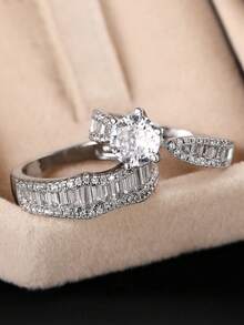 2pcs Luxurious Cubic Zirconia Stone Rings, Suitable For Women, Ideal For Weddings, Engagements, Anniversary Parties, Valentine's Day Gifts - Silver - View 5