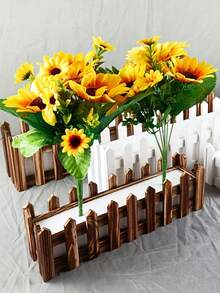 Artificial Flower Insert Wooden Fence Planter Box, Fake Flower Base For Restaurant Partition, Home & Outdoor Decor, Succulent Pot For Garden - Multicolor - View 2
