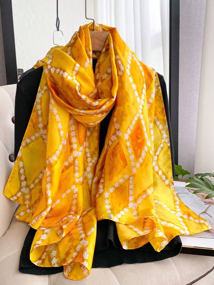 1 chiếc khăn choàng nữ thanh lịch, in họa tiết hình học, chất liệu giả lụa nhẹ, đa năng dùng để chống nắng, du lịch, mặc hàng ngày, thích hợp cho mùa xuân/hè. - Màu vàng - Xem 1