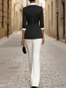 Women's Fashion 5-Sleeve Commuter Business Suit Set With Lining, Elegant Two-Piece Outfit Summer - Black and White - View 3