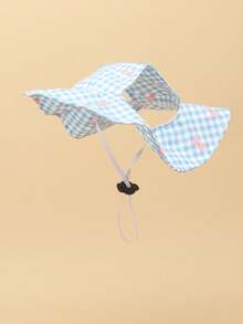 Light Blue Plaid Polyester Sun Hat With Bow, Ear-Exposed Design, UV Protection. Pet Dog Hat, Essential Pet Accessory. Suitable For Small Pet Dogs For Year-Round Outdoor Wear. - Multicolor - View 11