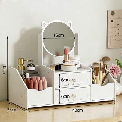 Hộp đựng gương hình tai mèo phong cách tối giản hiện đại, giá đựng đồ trang điểm đa chức năng, tủ đựng sản phẩm chăm sóc da dạng ngăn kéo, gương tròn hình tai mèo cỡ lớn hai ngăn.