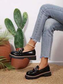 Mocasines de plataforma de moda, diseño de hebilla con diamantes de imitación brillantes, zapatos casuales tipo slip-on con tacón cuadrado, adecuados para el trabajo, citas y múltiples ocasiones, decoración de hebilla con diamantes de imitación en relieve brillante, estilo versátil para el uso diario, estilo universitario - Negro - Ver 5