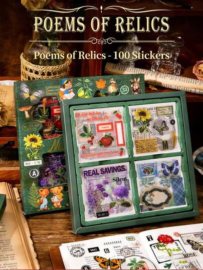 100 piezas de pegatinas decorativas vintage - Diseños lindos de animales de dibujos animados, plantas y poesía, autoadhesivas, adecuadas para scrapbooking, diarios, cuadernos y manualidades de calendario