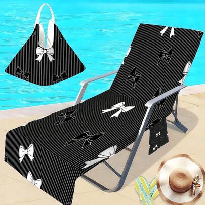 1件复古蝴蝶结开口沙滩椅套，超细纤维速干毛巾，适用于泳池椅，带口袋的沙滩椅套，旅行必备度假配件，波西米亚风