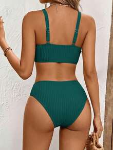 EMERY ROSE Women V-Neck Textured Striped Tankini Swimwear Set For Summer Beach Vacation - Teal Blue - View 2