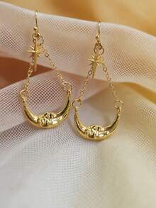 1 Pair Vintage Exotic Starburst & Crescent Moon Chain Earrings, Versatile Daily Wear For Women - Gold - View 3