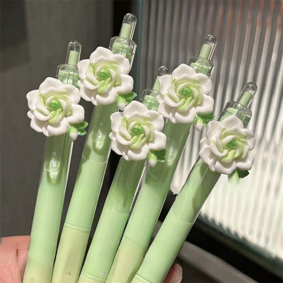 5支/套 随机花头按动式圆珠笔,2套/3套 书写流畅的圆珠笔,适合学生、考试、办公使用,耐用文具(黑色) - 白綠玫瑰筆 - 查看 1