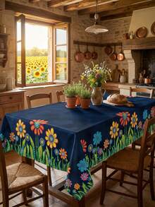 1pc Bohemian Floral Print Navy Blue Tablecloth, Waterproof Stain Resistant Polyester Wide Table Cover, Colorful Folk Flower Pattern Tablecloth For Dining Kitchen Patio Party Home Decor - Multicolor - View 4