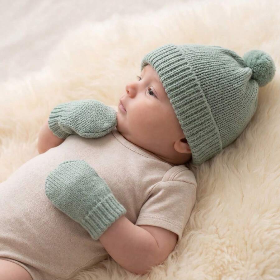 Personalized Knitted Hat And Glove Set For Baby - Hypoallergenic Newborn. - 綠色 - 查看 1