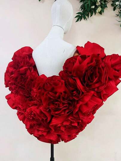 欧美浪漫新娘披肩，优雅3D玫瑰花细节婚纱配饰，短款遮臂披肩/斗篷，夏季，沙滩