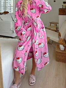SANRIO 1pc Hello Kitty Women's Plush Robe, Cute & Elegant, Warm & Comfortable For Autumn/Winter - Hot Pink - View 2