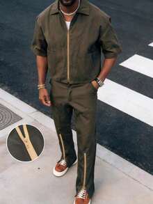 Men's New Zip-Up Short Sleeve & Long Pants 2 Piece Set, Casual Street Style, Suitable For Spring/Summer Outdoor & Daily Wear - Army Green - View 2