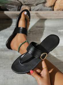 Women's Casual Solid Color Beach Flip Flops - Black - View 1