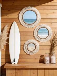 1pc Handmade Acrylic Woven Wall Mirror - Bohemian Style Round Mirror With Tassel Decor, Rustic Natural Wall Decor Suitable For Living Room, Bedroom Or Bathroom, Perfect For Spring/Summer Home Decor, Mother's Day Gift, Room Decoration, Garden Decor, Wedding Decor And Home Decoration. - Beige - View 5