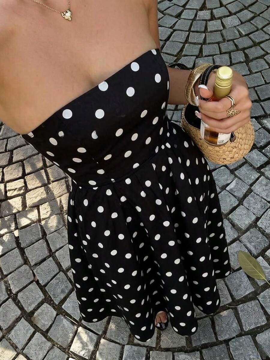 Đầm midi đi nghỉ mát cho nữ, đầm quây in chấm bi mùa xuân hè, thích hợp cho kỳ nghỉ/hẹn hò/tiệc tùng, trang phục mùa hè màu đen cho nữ. - màu đen - Xem 1