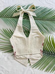 Women's Bohemian Style Embroidered Crop Top Camisole, Woven Fabric, Sleeveless, Summer Vacation Wear, Asymmetric Hem Design - Apricot - View 3