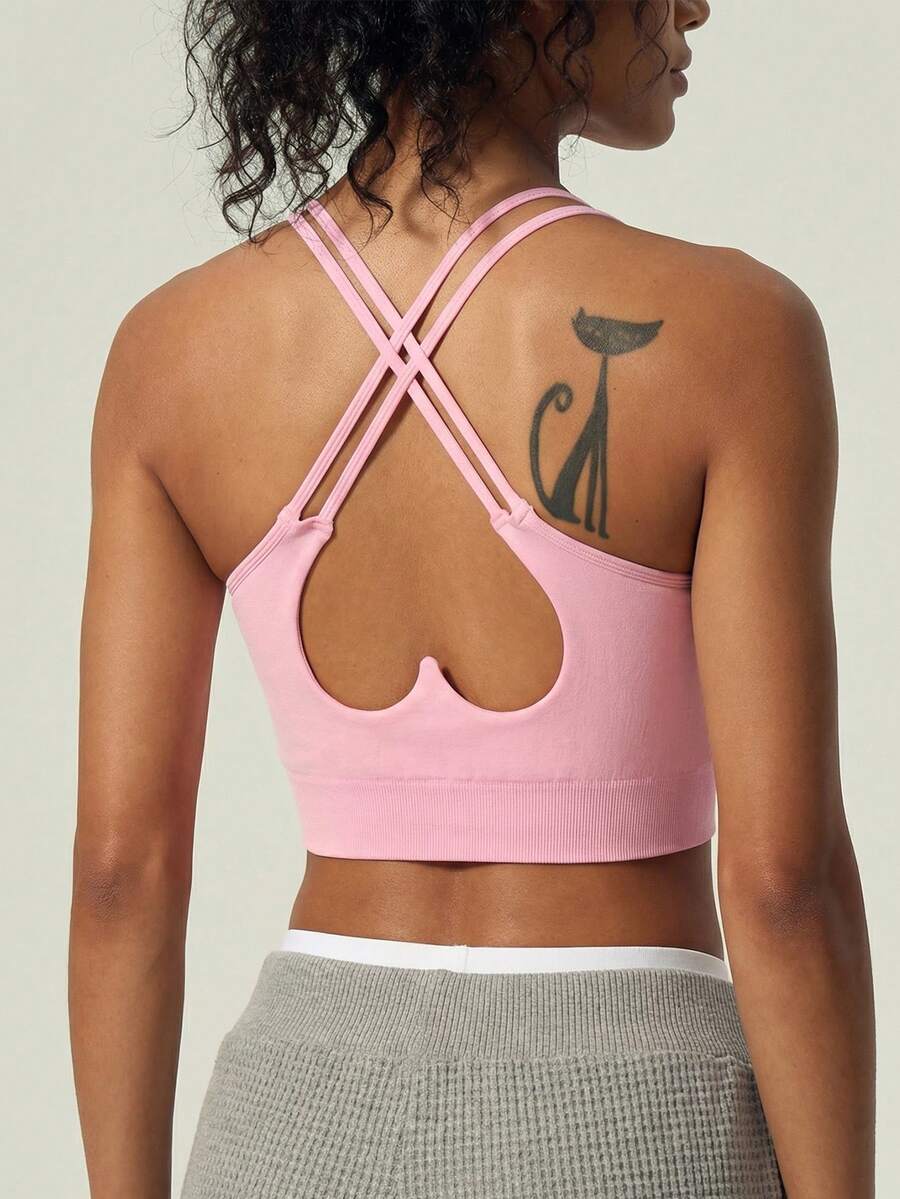 UONNOU Áo croptop không tay dành cho nữ, thiết kế hở lưng hình trái tim gợi cảm, lớp lót có thể tháo rời, áo tank top tập thể dục không đường may, thích hợp cho mùa xuân/hè. - Hồng - Xem 1